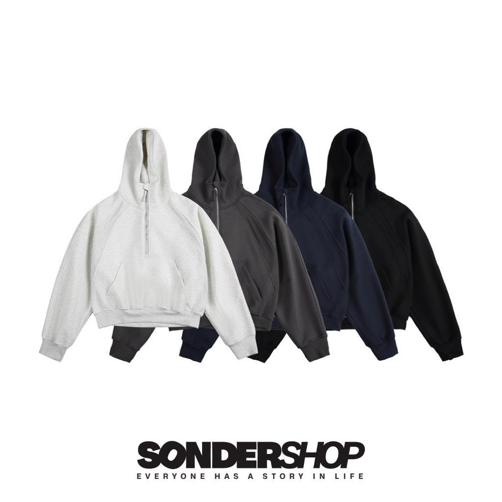SONDER SHOP 美式高街复古套头半拉链连帽卫衣男宽松廓形重磅款