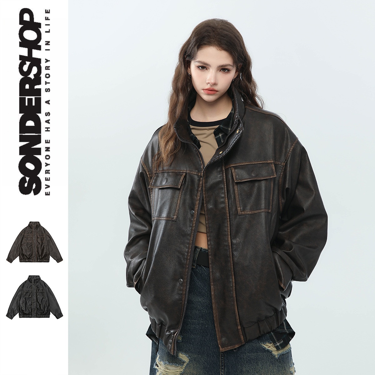 SONDER SHOPS 美式复古机车皮衣宽松立领PU皮夹克男女外套