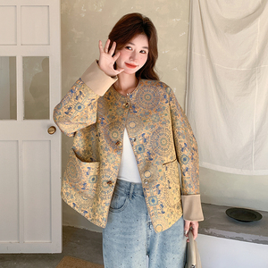 黄色新中式国风提花外套女2025秋季新款独特超好看小个子休闲上衣图片