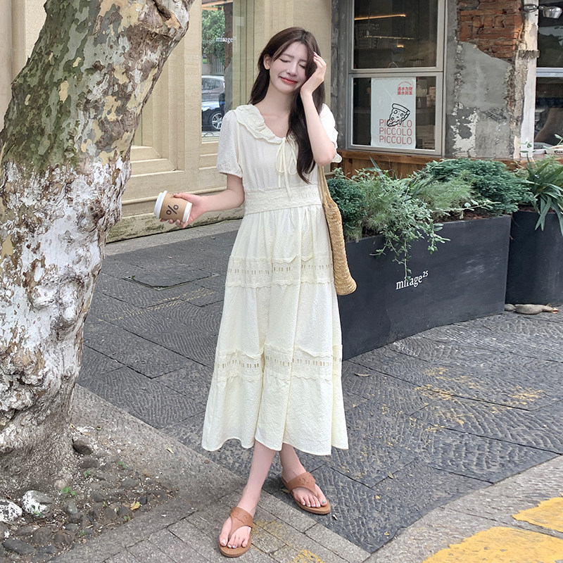 法式白色连衣裙女气质显瘦艺术生2025夏季新款温柔风娃娃领长裙,女装连衣裙,2C263