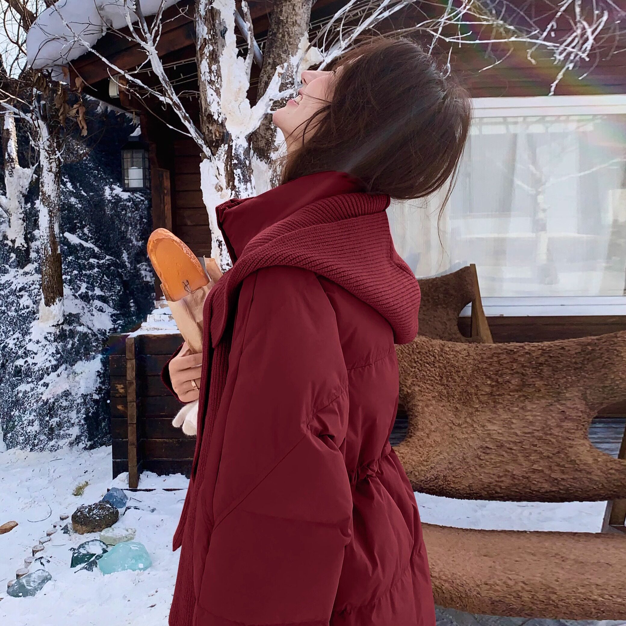 红色针织披肩羽绒服女2024冬季新款今年流行收腰显瘦小个子面包服,女装羽绒服,2C263