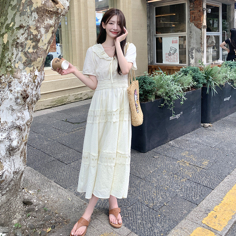法式白色连衣裙女气质显瘦艺术生2025夏季新款温柔风娃娃领长裙,女装连衣裙,2C263