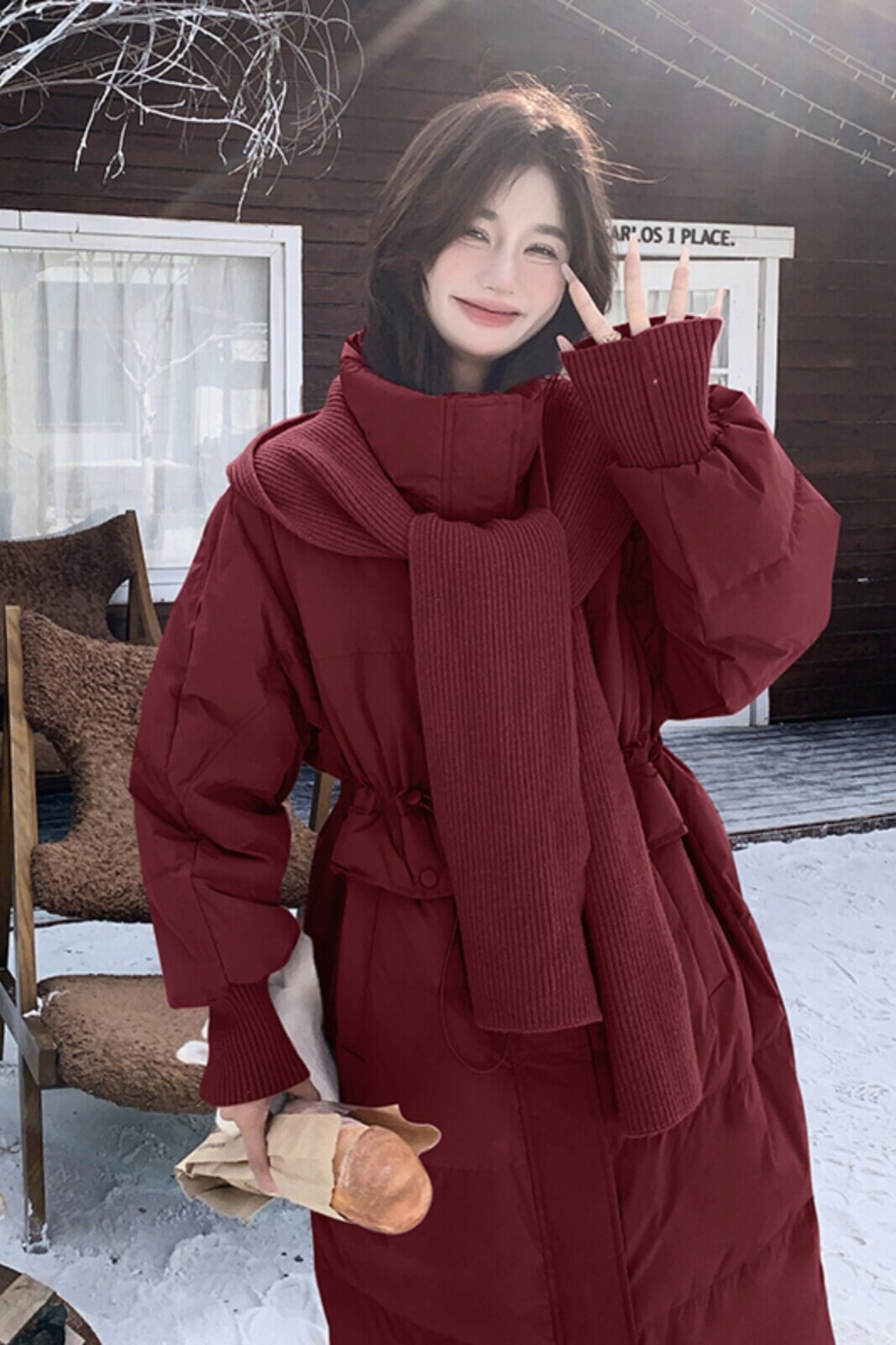 红色针织披肩羽绒服女2024冬季新款今年流行收腰显瘦小个子面包服,女装羽绒服,2C263