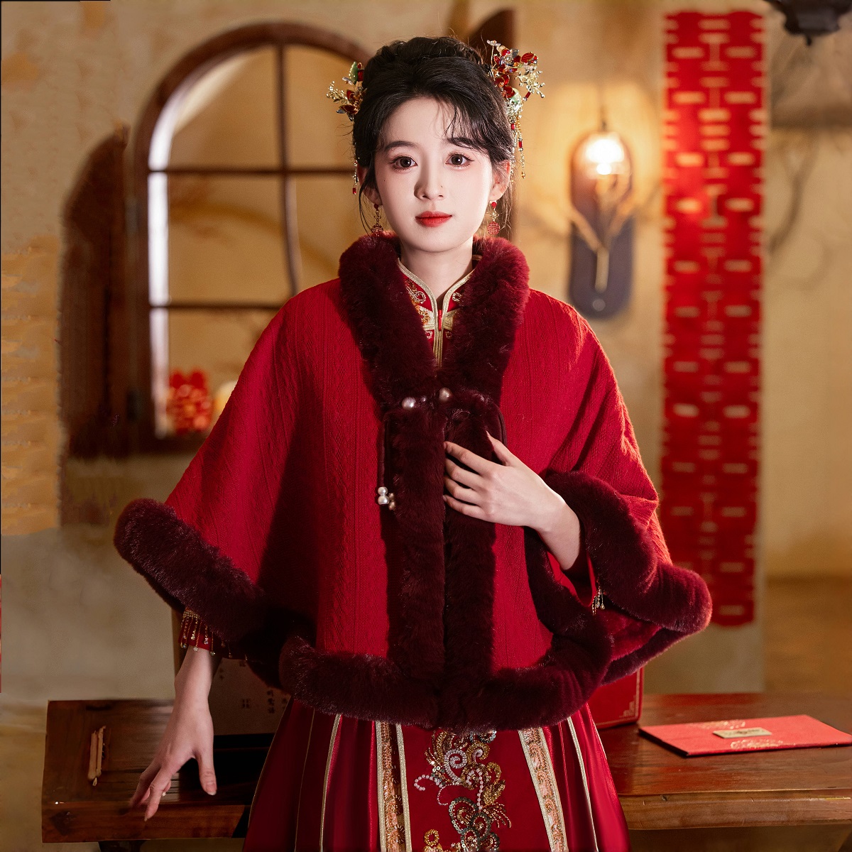 敬酒服旗袍毛披肩新娘订婚礼服披风结婚斗篷外套加厚保暖冬酒红色