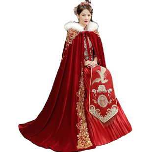 冬季汉服毛披肩加厚秀禾服披风中国风加绒结婚新娘斗篷女红色长款