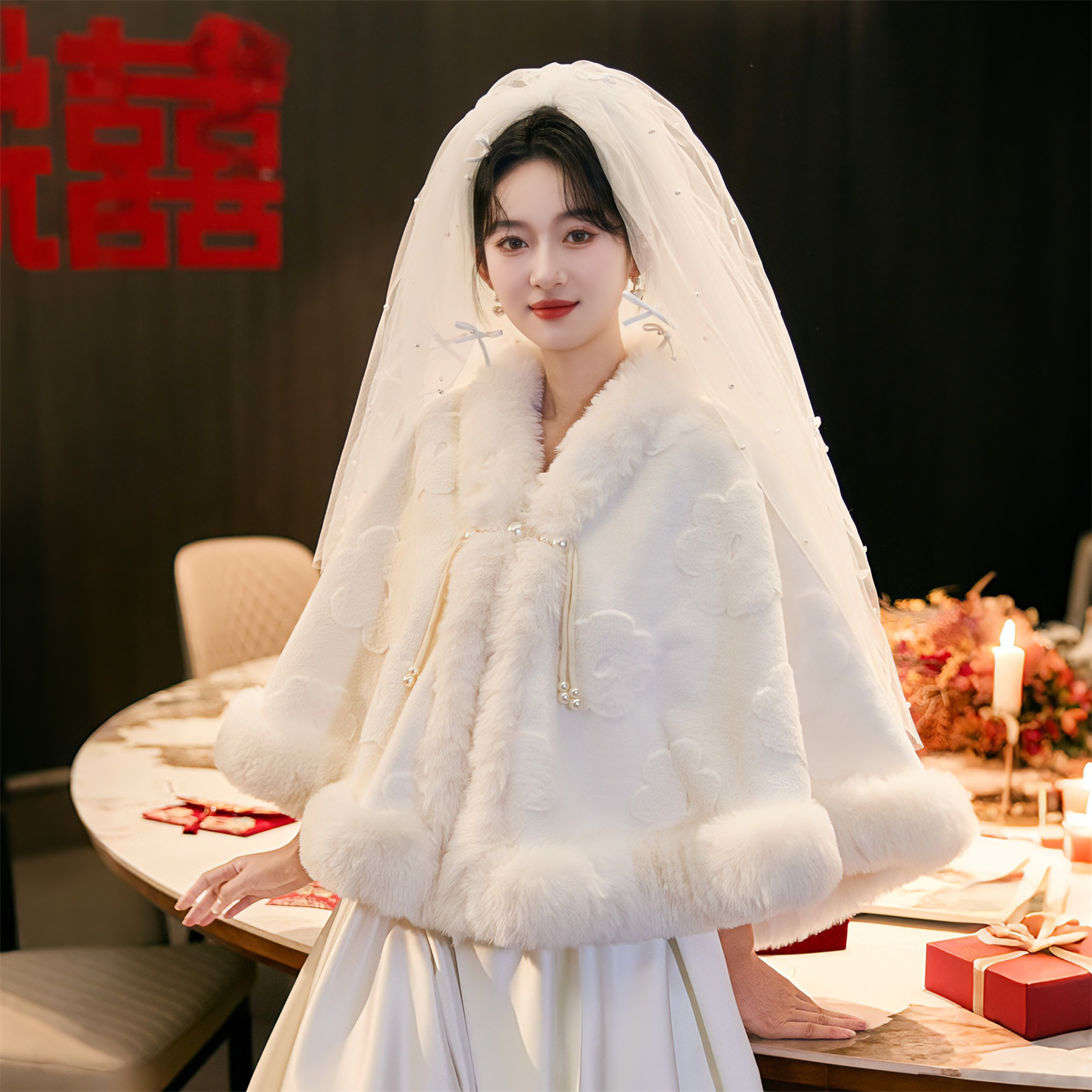 旗袍披肩新娘结婚毛披肩婚纱披肩斗篷保暖披风白色伴娘皮草外搭冬