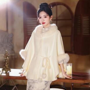 新中式披肩斗篷毛领大衣时尚气质小香风短款皮草外套婚纱披肩冬季