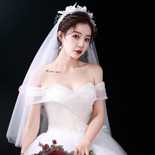 森系唯美新娘婚纱头纱浪漫仙美蕾丝法式短款造型头饰波浪边配饰品