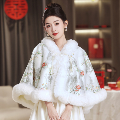 新款水墨画斗篷加绒加厚保暖披肩