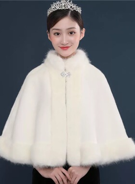 斗篷结婚伴娘礼服皮草白色毛披肩