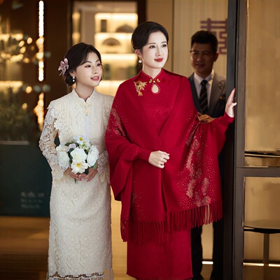 2025新款配旗袍披肩秋冬季婚宴喜婆婆妈妈礼服外套外搭红色女披肩