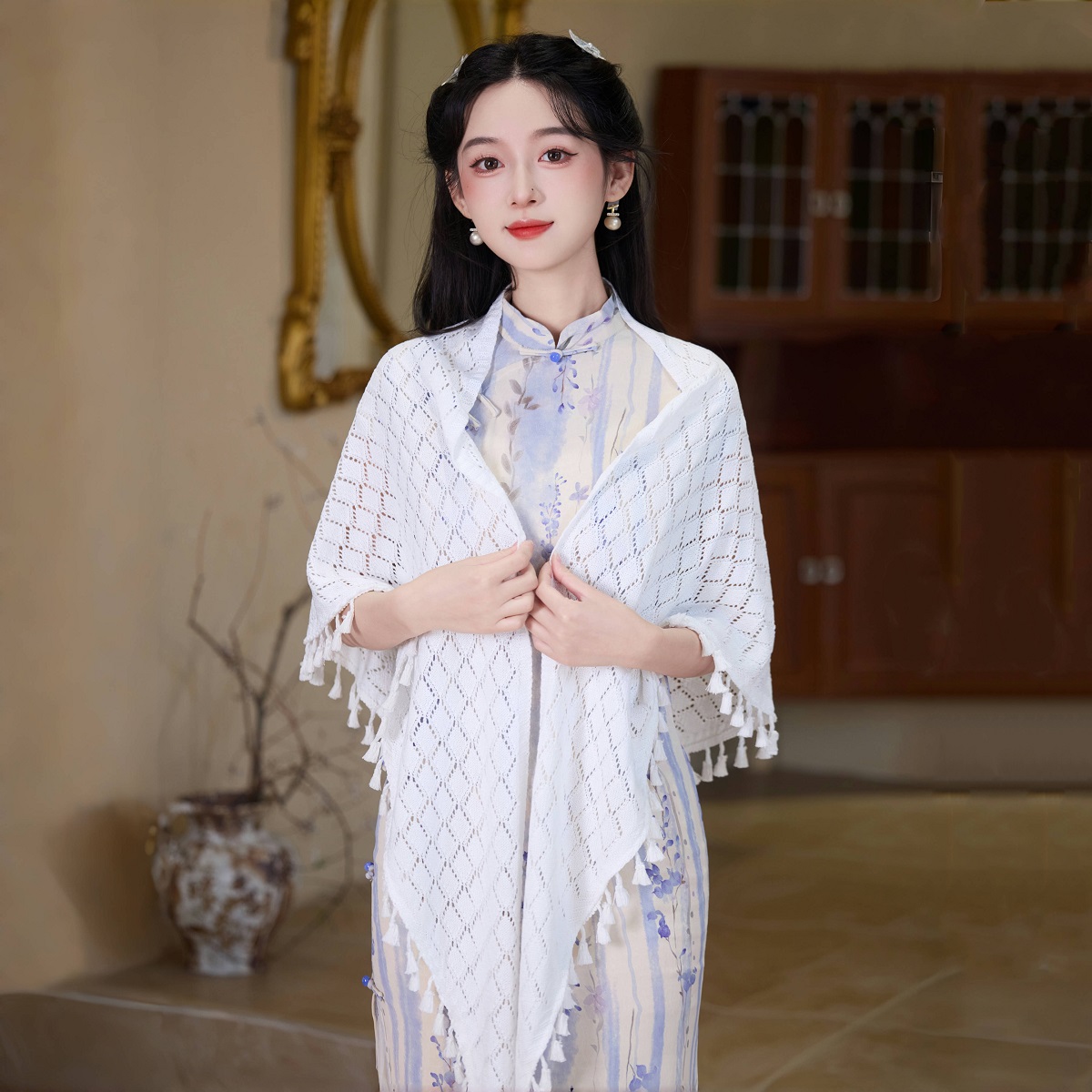 艳莲2025春夏季新款旗袍礼服披肩外搭斗篷薄款针织空调防晒披肩女