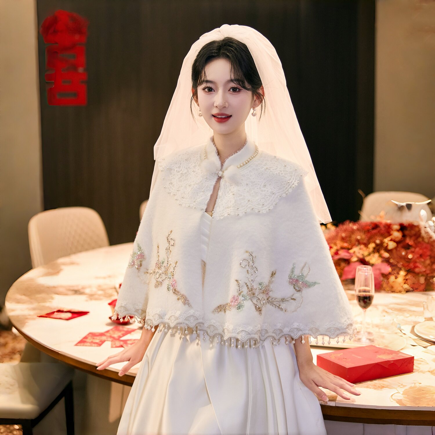 2025春秋冬新中式白色刺绣旗袍披肩女新娘结婚敬酒服婚礼礼服外搭