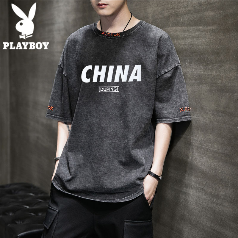 花花公子短袖t恤男衣服潮流半袖宽松港风夏季男装上衣潮牌五分袖