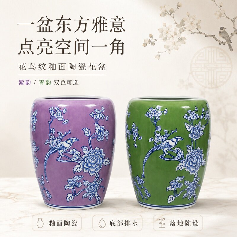 新中式花鸟陶瓷落地大号花盆