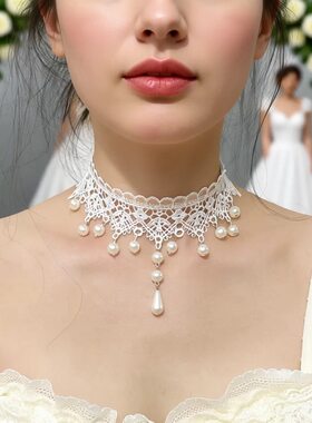 白色珍珠项链低领脖子饰品颈带