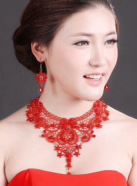 新娘红色蕾丝项链白色婚纱项圈锁骨链耳环吊坠新款脖子饰品二件套