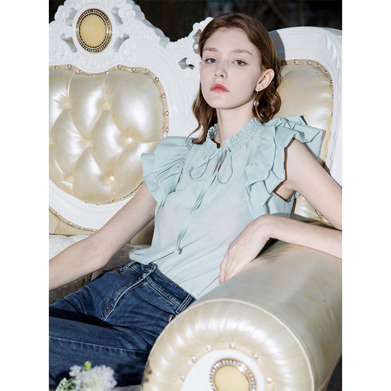 JOJOWLFSLL女装2025秋季新款法式简约双层荷叶袖湖绿多巴胺雪纺衫