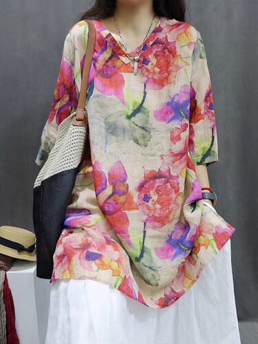 外贸出口大牌折扣女棉麻女复古苎麻印花小V领宽松百搭套头衬衫女