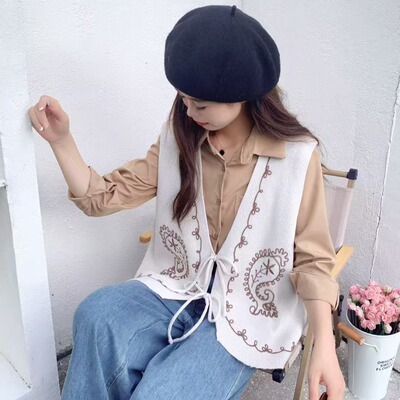 异域风重工刺绣针织开衫马甲川西度假复古坎肩外套开衫小马夹背心