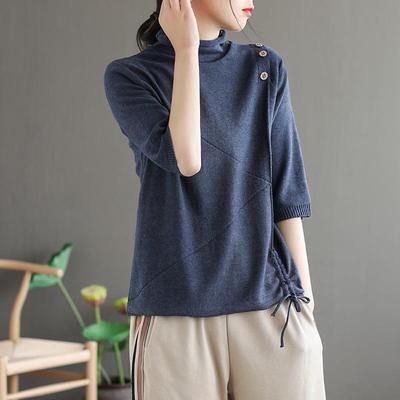 新款抽绳秋冬女针织半高领五分袖宽松套头纯色毛衣文艺中袖打底衫