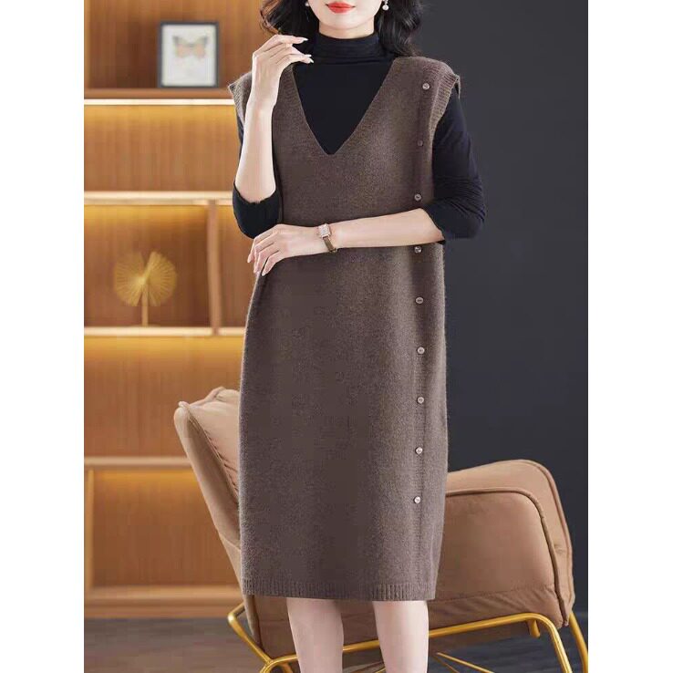 韩版中长款宽松马甲女v领针织连衣裙过膝无袖毛衣坎肩秋冬背心裙