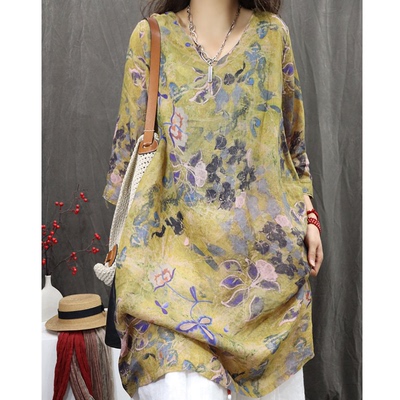 一线大牌商场撤柜折扣女苎麻印花复古休闲衬衫宽松V领文艺衬衫裙