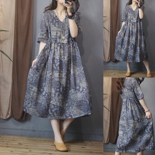 青花瓷印花苎麻中长款连衣裙女 夏季新款短袖V领宽松收腰气质裙