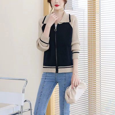 韩版时尚拼接撞色针织衫2025春季新款小众设计感宽松打底外穿上衣