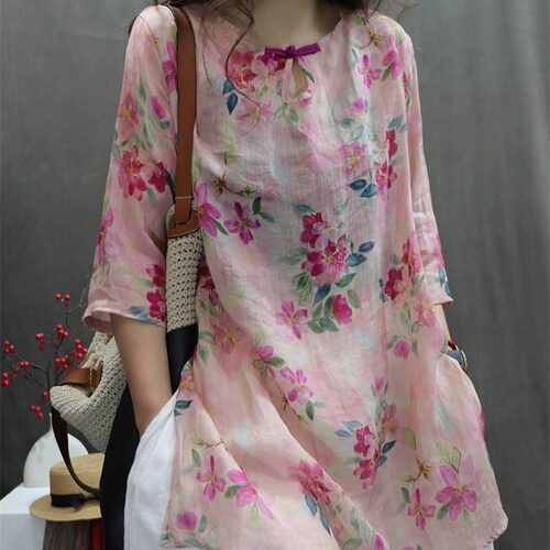 外贸出口大牌折扣女装复古洋气薄款中长款衬衫宽松圆领盘扣衬衣