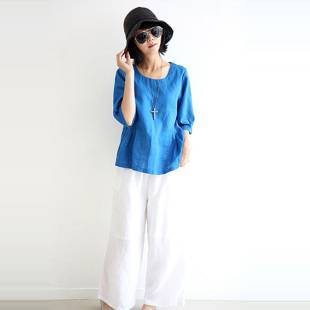 清仓捡漏专柜撤回大牌外贸女2023新款 宽松亚麻抽褶圆领上衣 韩版