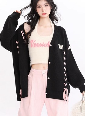 AONW秋冬新款慵懒风小众百搭设计感蝴蝶绑带爱心纽扣女开衫毛衣