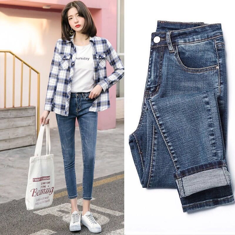 New style chic jeans women's Capris high waist blue Korean student Leggings pencil ulzzang