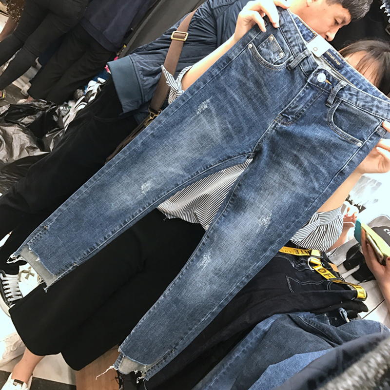 大碼女裝斤網紅九分褲牛仔褲女打底褲高彈破洞小腳褲