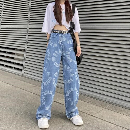 Ma Siwei's same letter over printed jeans women's high street hip hop wide leg straight pants retro versatile casual pants