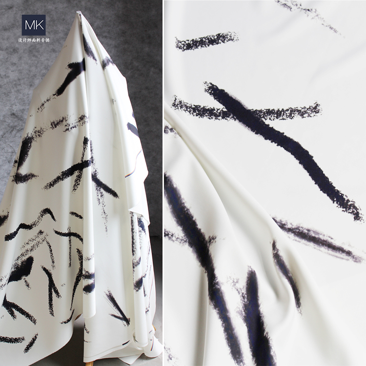 墨之痕迹印花弹力太空棉艺术毛笔书法汉服时装古装diy设计师面料