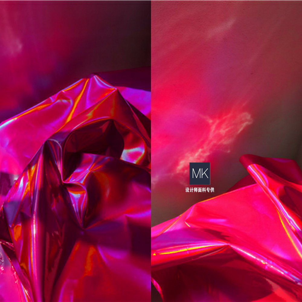 荧虹氛围镭射皮革设计师面料透明镜面幻彩七彩服装包袋防水布料创