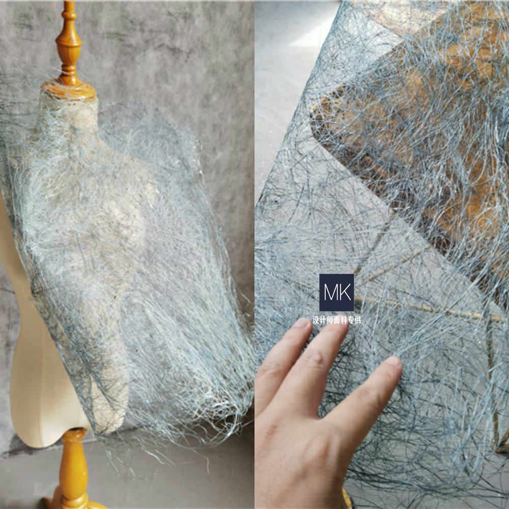 湖蓝木棉枯藤软草亚麻褶皱肌理 苎麻复古皱布杂草布料设计师面料