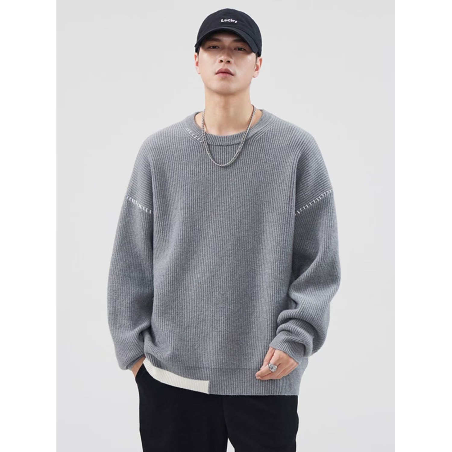 秋冬男士加厚保暖宽松圆领针织衫