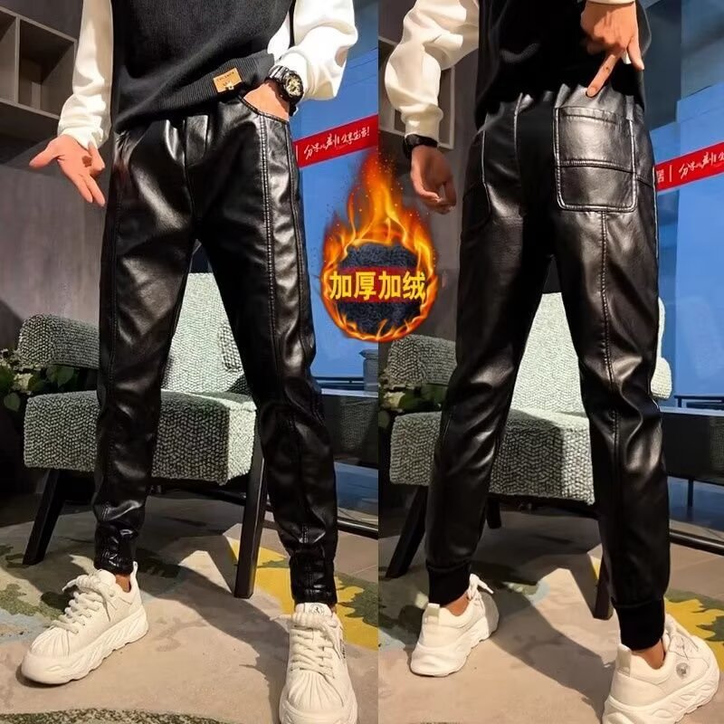 男士皮裤加绒加厚防风保暖束脚裤