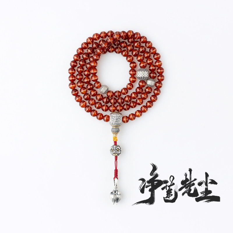 净莲梵尘 8mm纯天然超稀有红色一线药师天珠108颗佛珠 纯银念珠SF