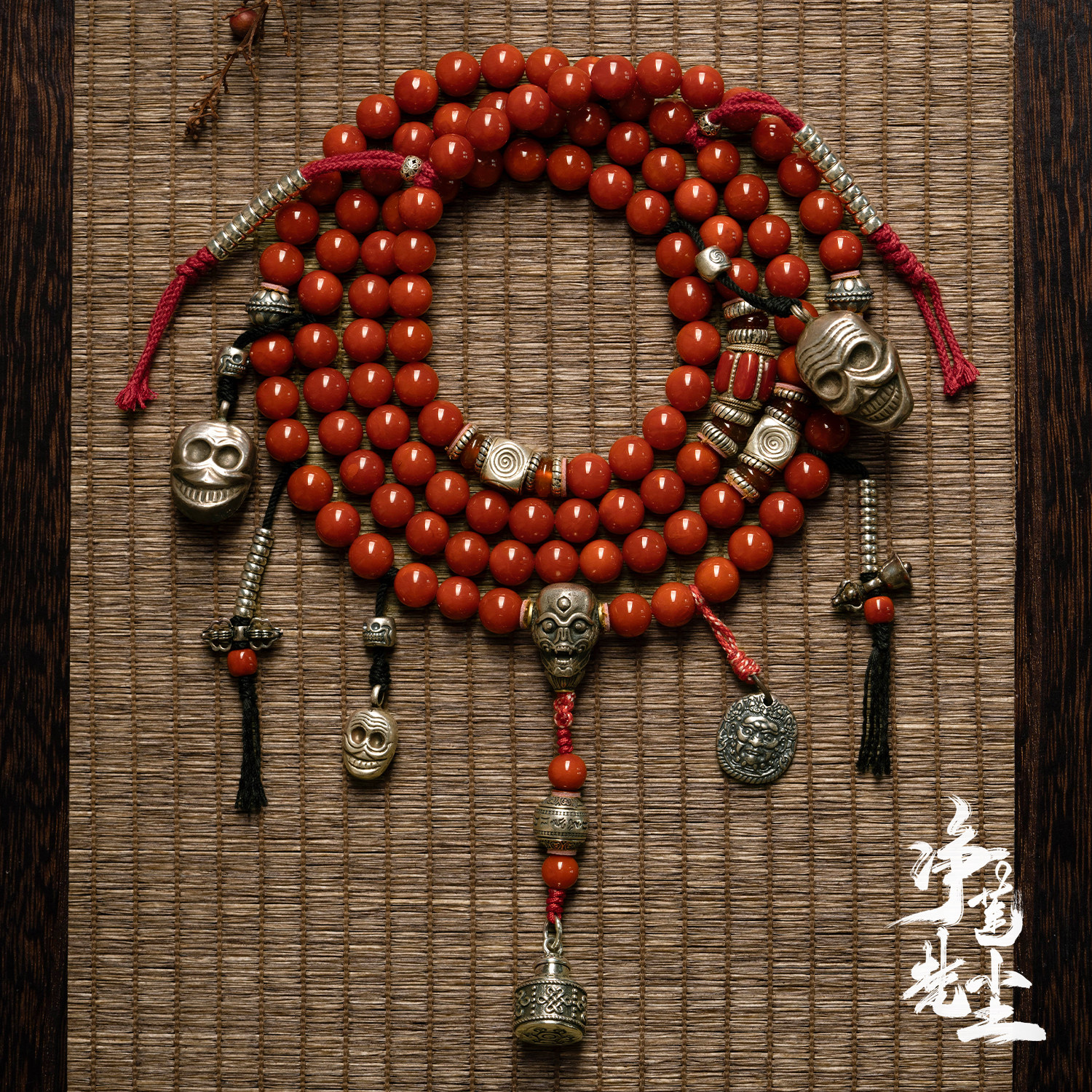 高品质柿子红川料南红108颗念珠