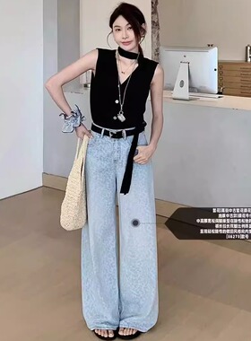 2025夏欧货新款十米菲86273韩版高街中古繁华提花阔腿裤牛仔裤女