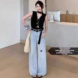 十米菲夏季新款提花阔腿裤牛仔裤