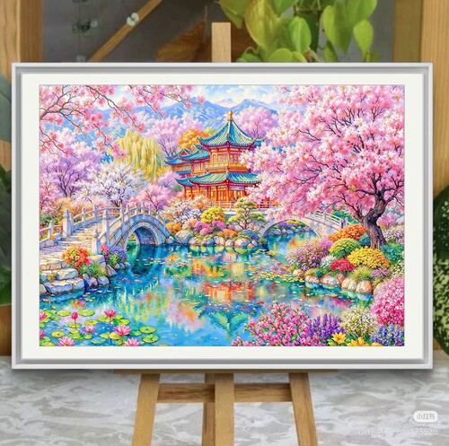 带框钻石画满钻魔方钻手工贴钻绣欧式卧室客厅新款田园风景樱花亭