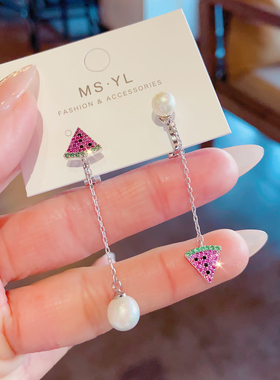 无痛无耳洞不对称西瓜锆石耳夹长款流苏显脸小耳环2026新款夏款女