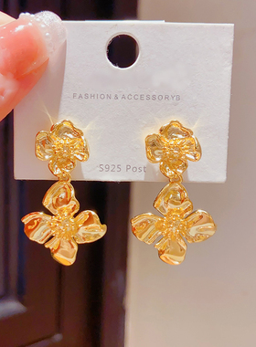 欧美风金色中古花朵耳钉女轻奢小众设计高级感复古气质耳环长耳饰