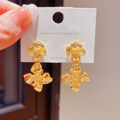 欧美风金色中古花朵耳钉女轻奢小众设计高级感复古气质耳环长耳饰