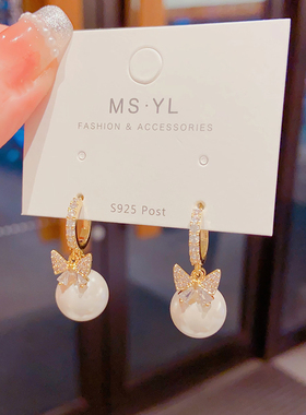 设计感高级微镶锆石蝴蝶结珍珠耳环2024年新款潮韩国网红气质银针