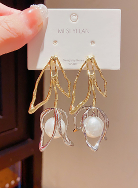 时髦欧美长款珍珠耳环女高级感法式复古小众设计拼色时尚气质耳饰